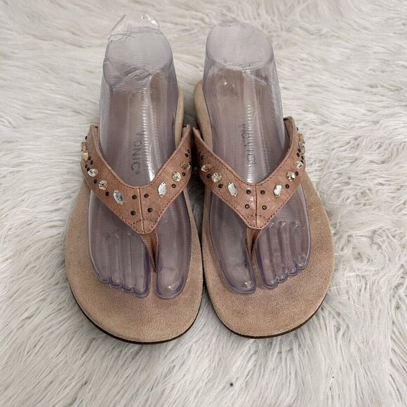 VIONIC Lucia Flip Flops Women's Sz 10 Snake Rhinestone Jeweled Beige Supportive - Picture 1 of 11